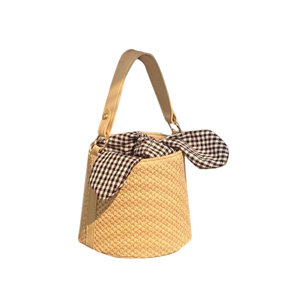 New Hand-Woven Women Weave Straw Bag Casual Trendy Bowknot Shoulder Crossbody Bags Summer Beach Bag Small Bucket Tote Handbags