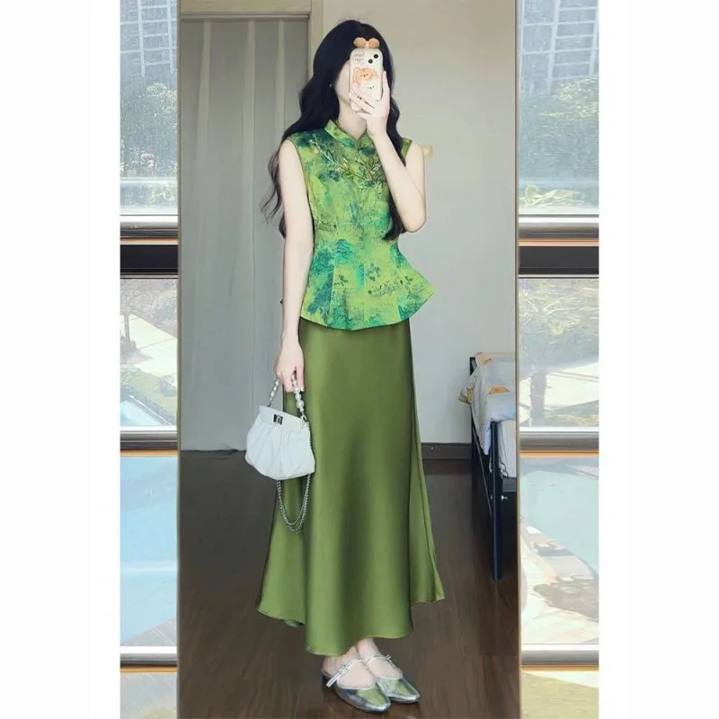 Early Summer New Chinese-style Traditional Chinese Style Outfit Goddess-like Charm High-end Feel Green Acetate Satin Dress Mom
