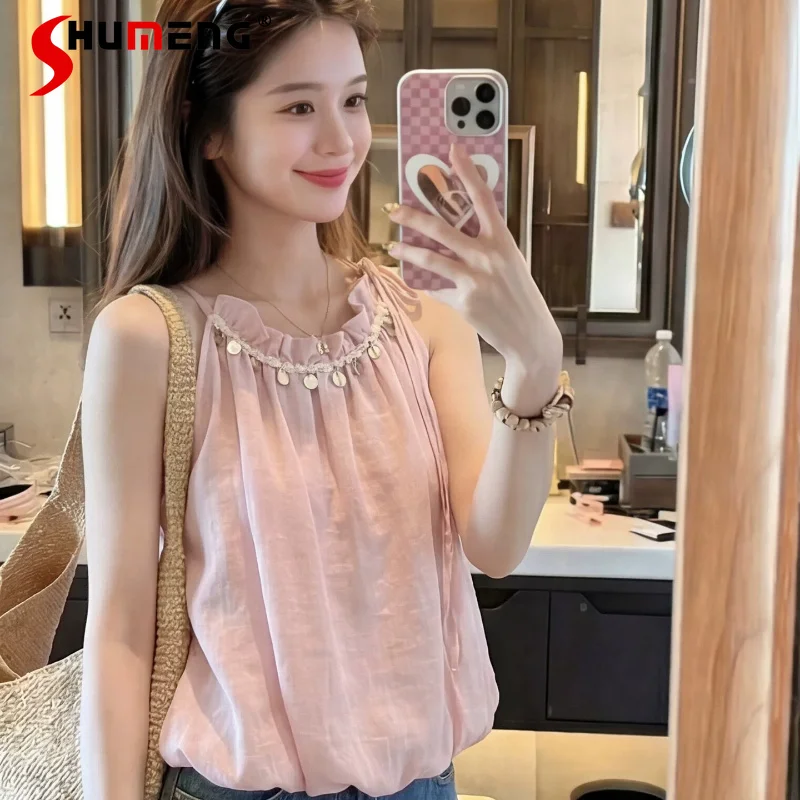 

Women 2026 Summer Stylish Design Vests Women Fashion Loose Sweet Sleeveless Tops Female Chic Sequin Decoration Cute Tank Tops