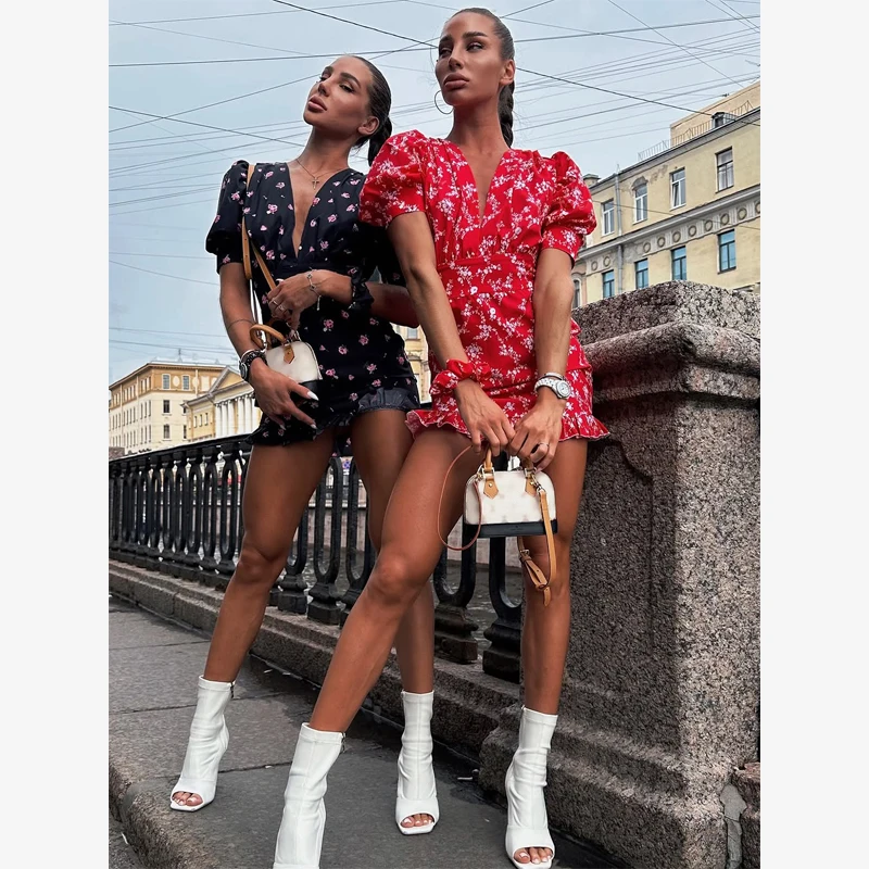 Chic Printed Slim Fit Mini Dress Women Elegant V-neck Puff Short Sleeves Waist Cinching Dresses 2026 Summer Lady Party Robes New