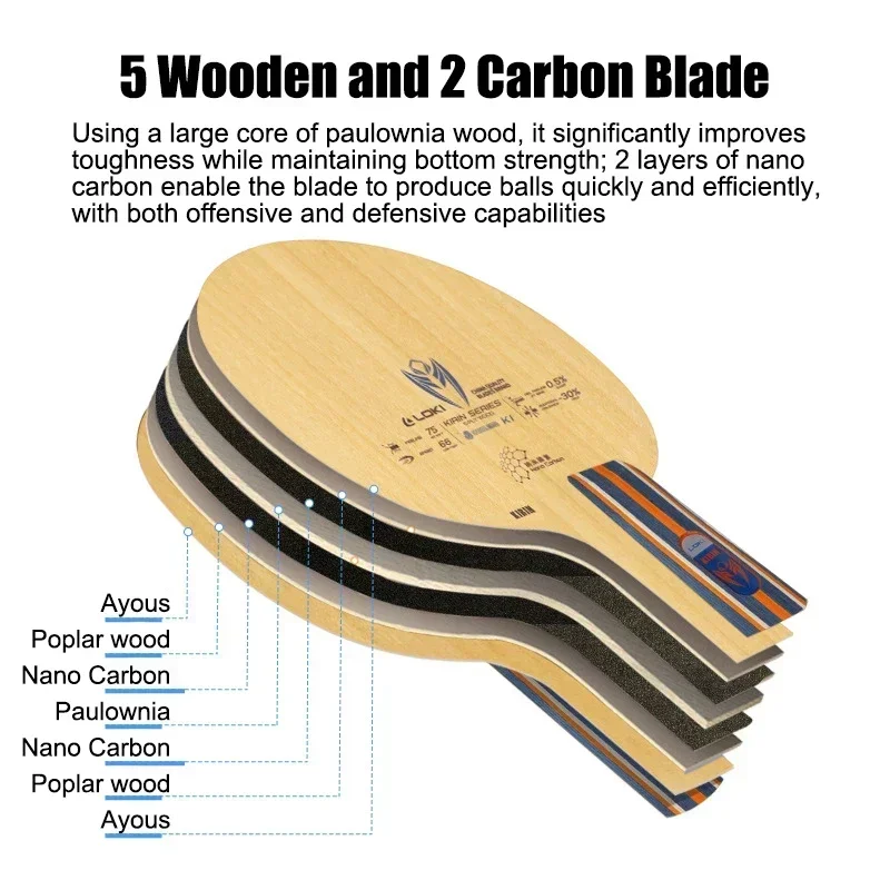 LOKI K1/K2/K3 Table Tennis Blade 5Wood + 2Nano Carbon CS FL Handle Offensive Ping Pong Paddle Bottom Base Suitable For Beginner