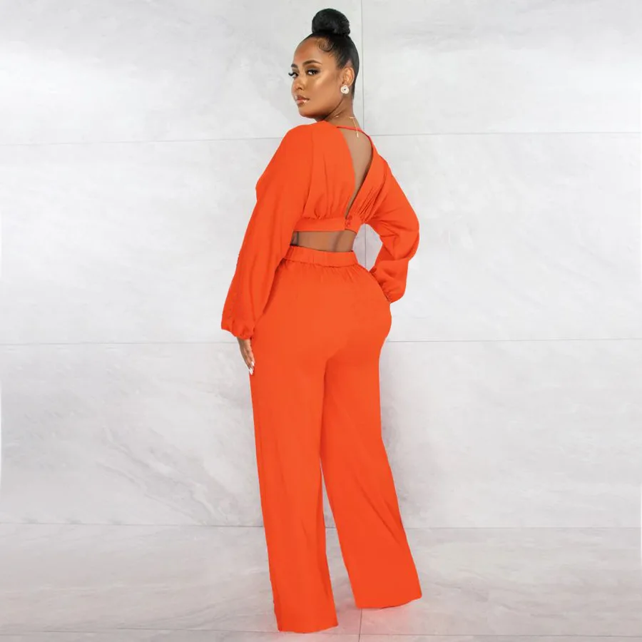 Women Casual Set Sexy Midriff-baring Backless V-neck Tops+Wide Leg Pants 2 Piece Tracksuit Streetwear Sport Suit 2024 Autumn New