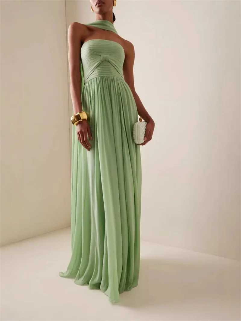 

Sexy Summer Green Prom Dress With Scarf Strapless Sleeveless Ruffles Long Sheath Party Gown Formal Wedding Birthday Evening Robe