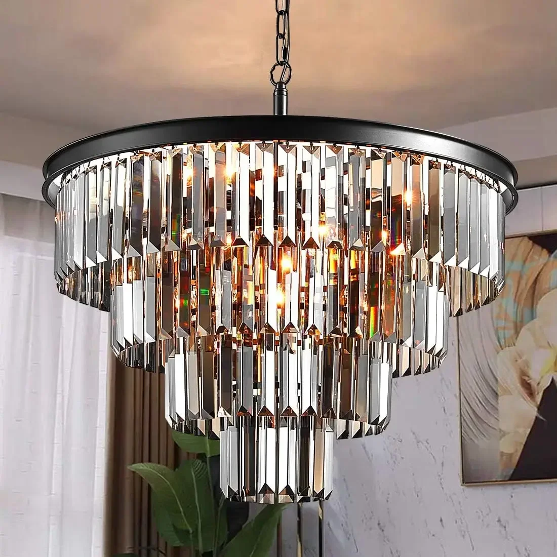 GHJUYIOL YECTSKIBlack Smoke Crystal Modern Contemporary Chandeliers Pendant Ceiling Light 4-Tier Chandelier Lighting for Dining