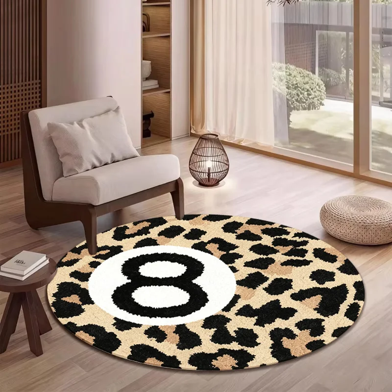 VIKAMA Round Area Rug Leopard Print Number 8 Design Non‑Slip Soft Floor Mat for Living Room Bedroom Home Decor