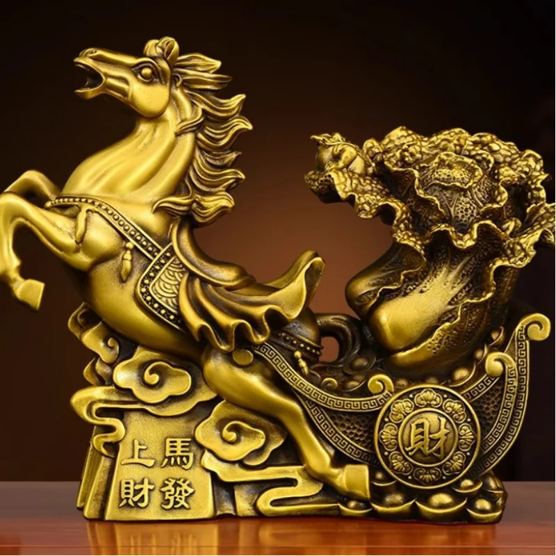 Brass Horse Desktop Ornament, Zodiac Horse Amulet, Horse and Cabbage for Abundant Wealth, Store Opening Gift