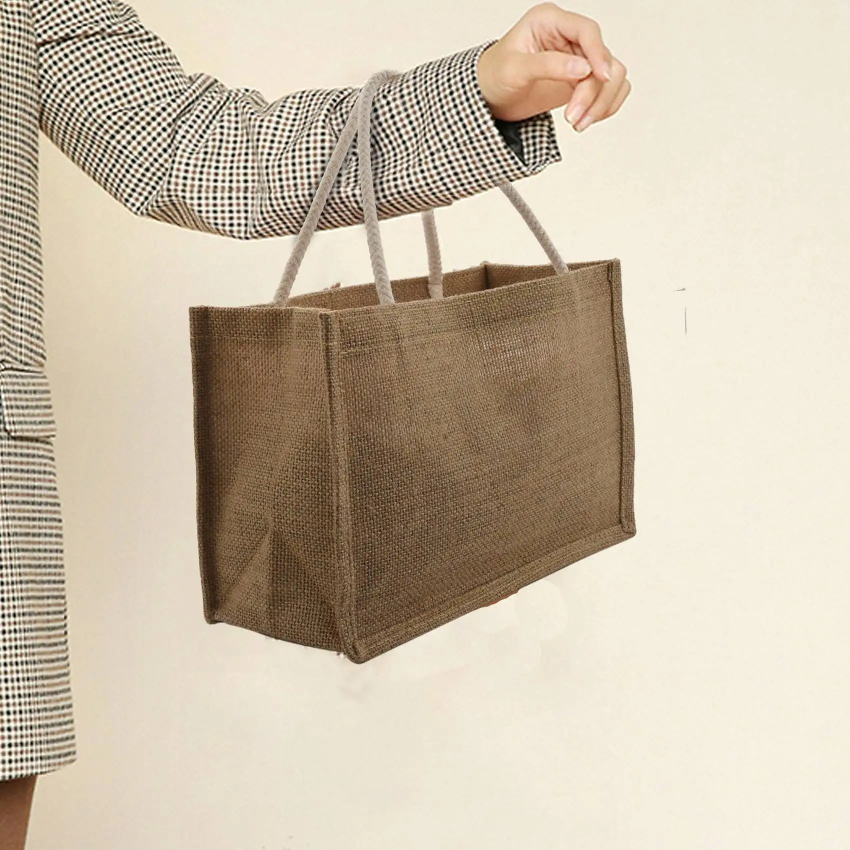 AA77 NEW Jute Burlap Tote Large Reusable Grocery Bags with Handles Women Shopping Bag DIY Eco-Friendly Shopping Bag, L