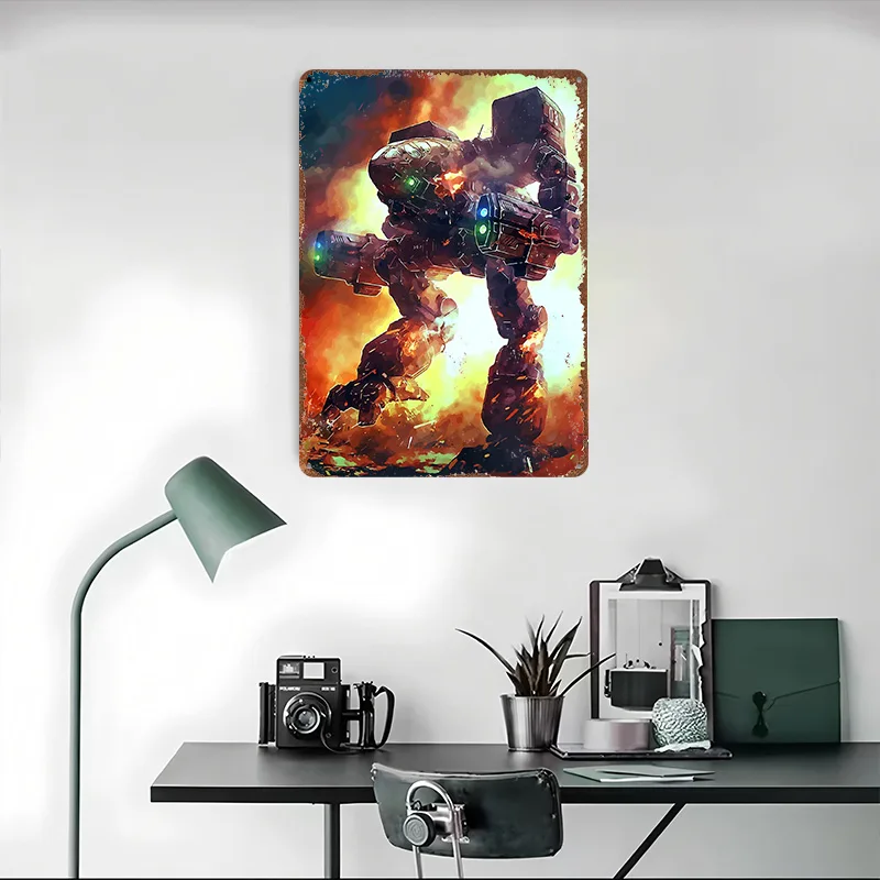الميكانيكية المحارب في معركة النارية المعادن المشارك تين علامات الرجعية مخصص علامة معدنية لجدار الفن الديكور ديكور المنزل بار الملحقات