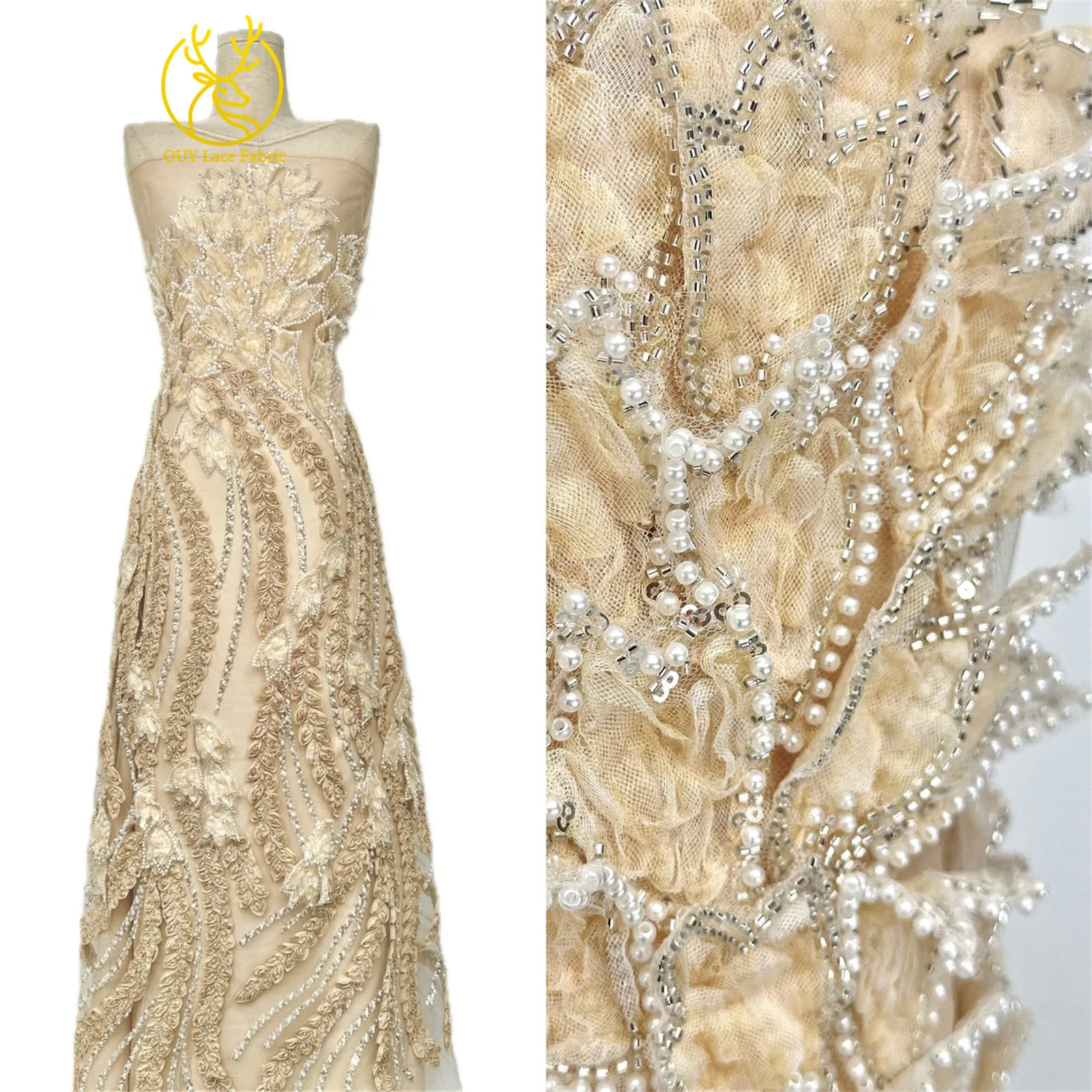 Französischer Luxus 3D-bestickter Perlen-Spitzenstoff, 5 Yards, eleganter afrikanischer nigerianischer Pailletten-Spitzenstoff für Damen, Hochzeits- und Partykleid – Detail 5