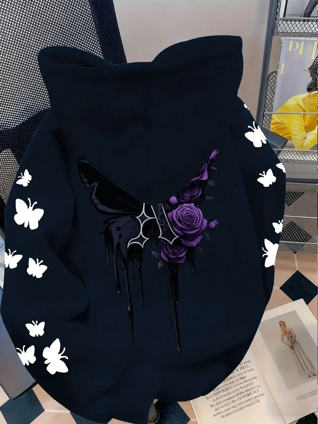 Herren Gothic Hoodie Lila Rose Schwarzer Schmetterling Drip Ästhetischer Grafikdruck Locker Sitzender Vintage Streetwear Pullover Sweatshirt – Detail 13