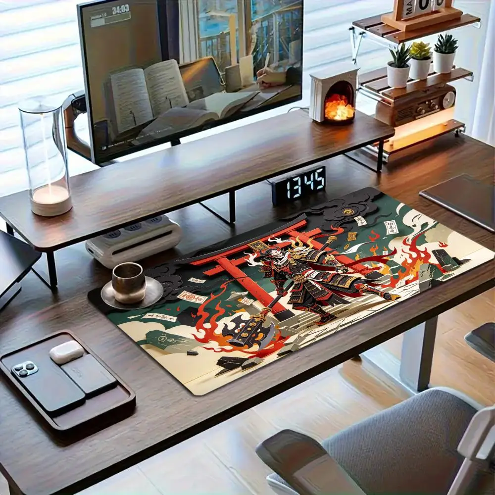Samurai Battle Torii Paper Art Desk Mat Thick Rubber Smooth Glide Precision Tracking For Gaming Bedroom Decor