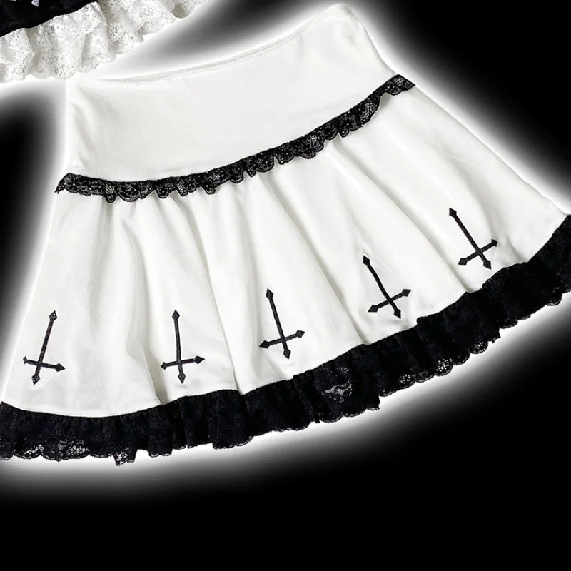 Japanese Mine Lace Cross Embroidery Black Mini Skirt Girl Sweet Cute Fashion Elegant A-line Skirt Women Summer Y2k Pleated Skirt