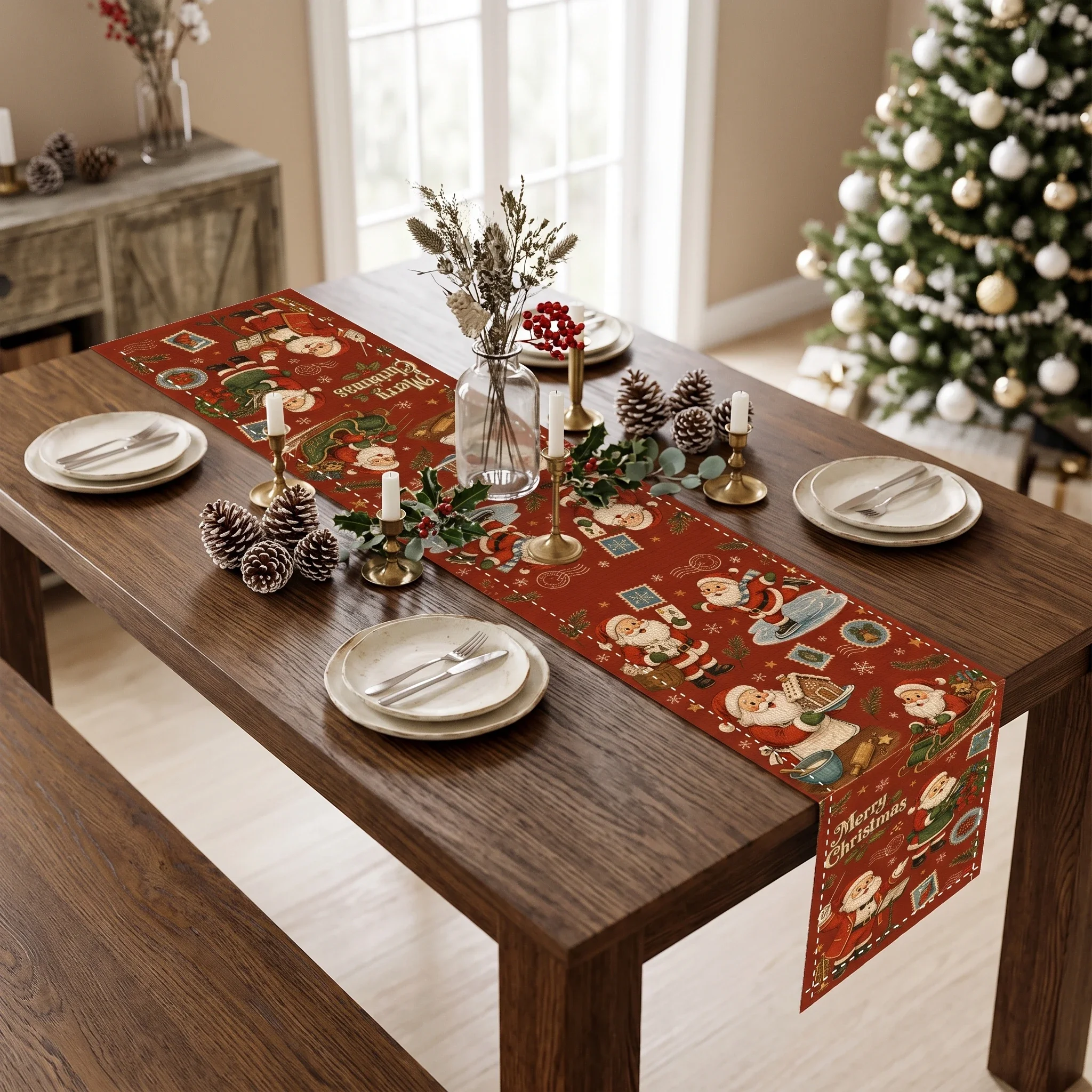 Country Style Santa Claus Table Flag Wear-resistant Dirty-resistant Christmas Living Room Dining Room Table Flag Decoration