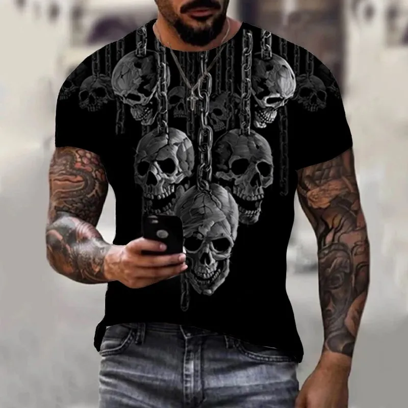 2024 New Men's summer Crew Neck T-shirt Terror Skull Graphic  3D Print Casual Short Sleeve Street Vintage Fashion men Clothing