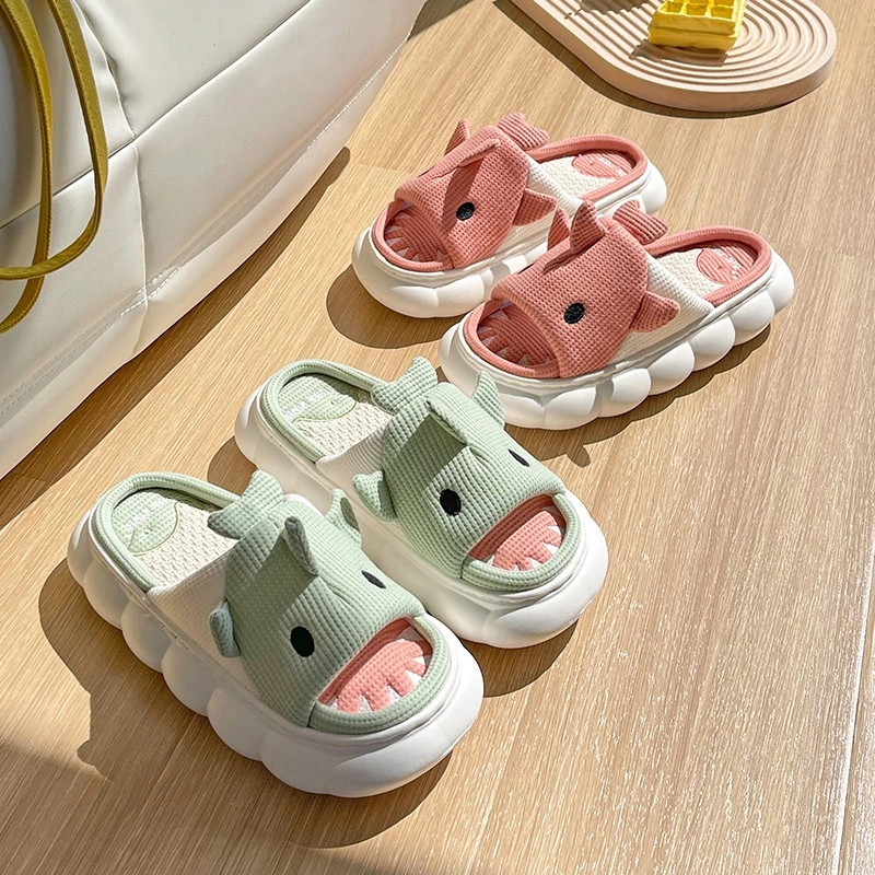 Women Linen Slippers Cartoon Shark Four Seasons Home Indoor Shoes Couple Non-slip Thick Sole Bedroom Flax Slipper Men Footwear