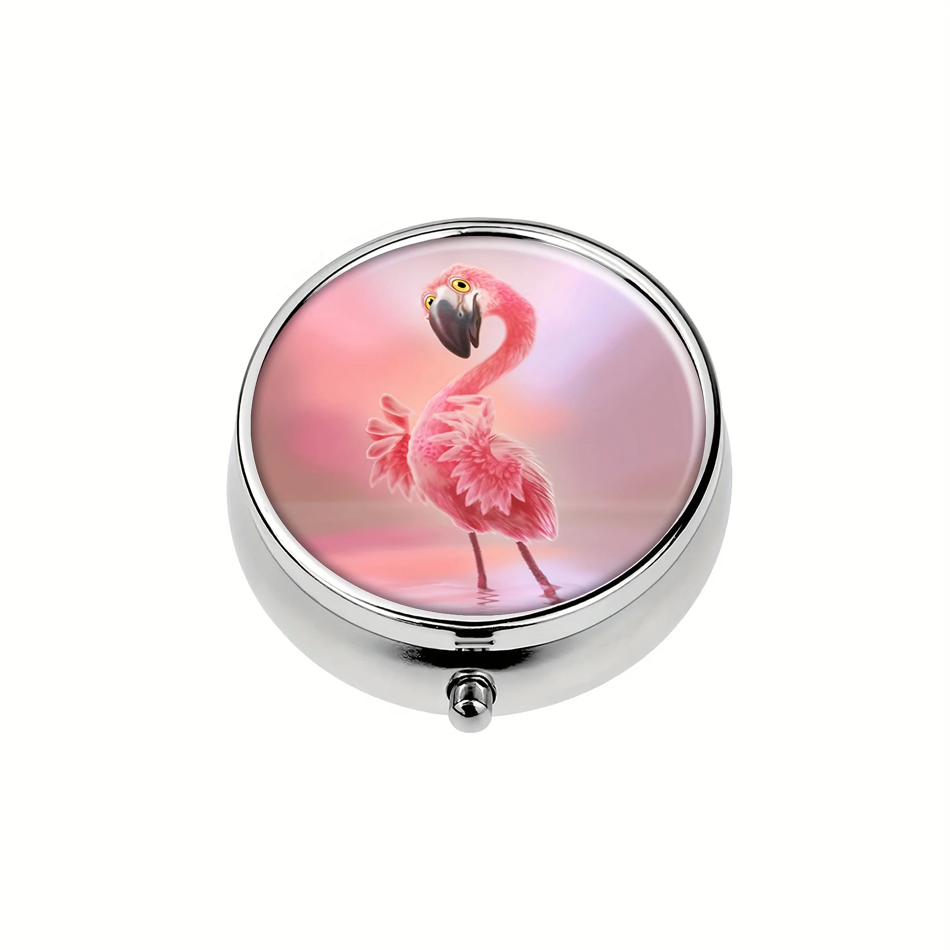 A flamingo round medicine box,3 compartment mini decorations,pocket wallet portable travel tablets vitamin storage box