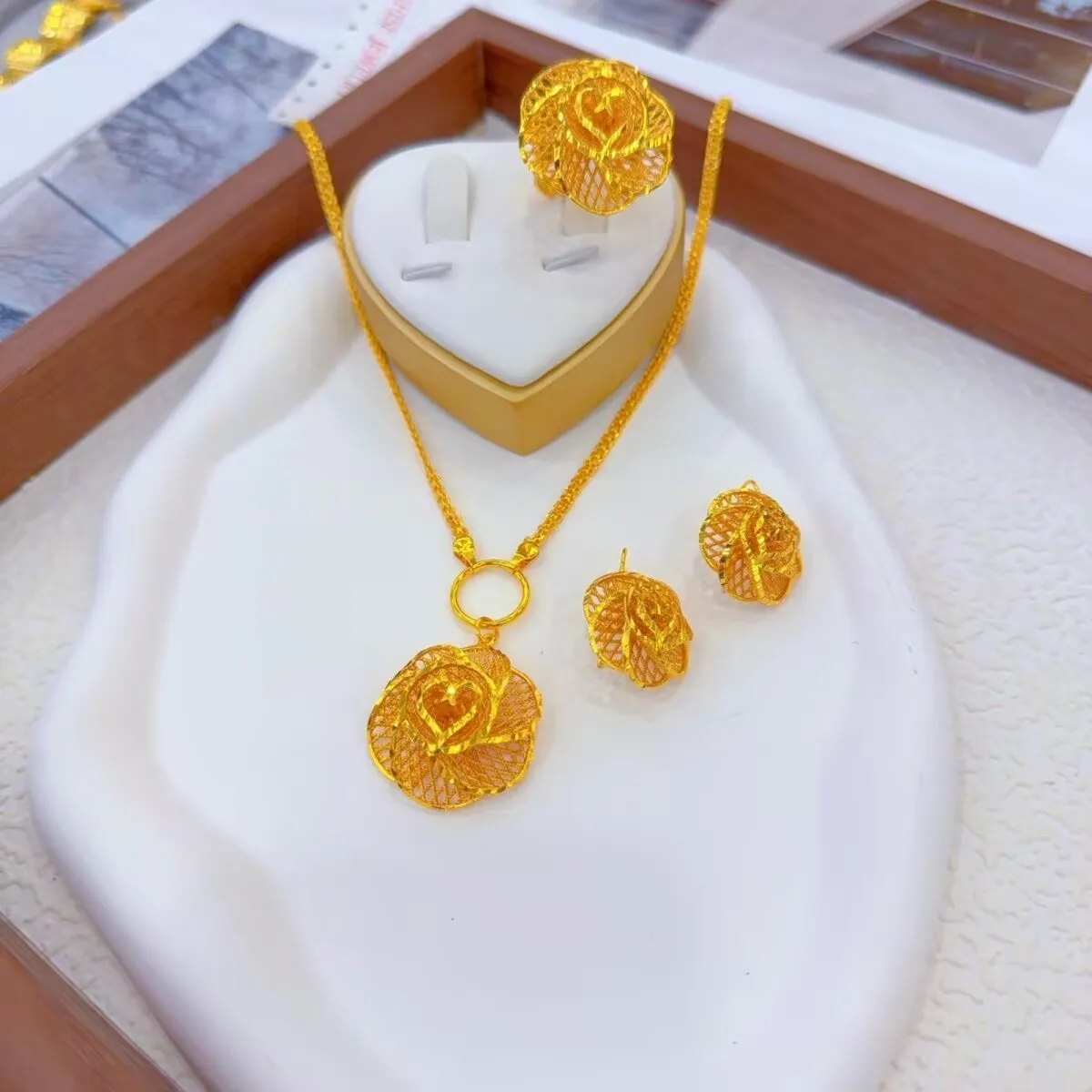

New Dubai Serbia French Alloy Gold Plated Necklace Earrings Rings Wedding Party Jewelry Set Gift for Lover YY10714