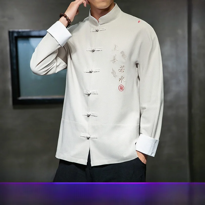 

Мужская модная городская хлопковая рубашка с длинным рукавом в стиле китайской традиционной медицины для спа-массажа и занятий спортом