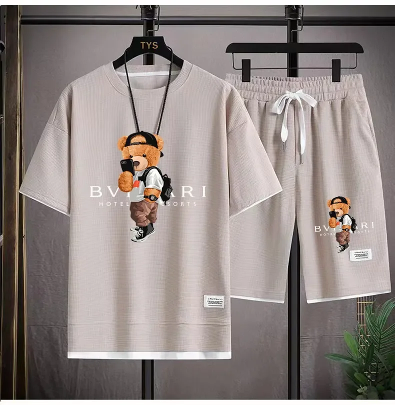 Summer men's suit fashion Korean cartoon printed short sleeve T-shirt + sports shorts 2 sets leisure shopping jogging men's wear