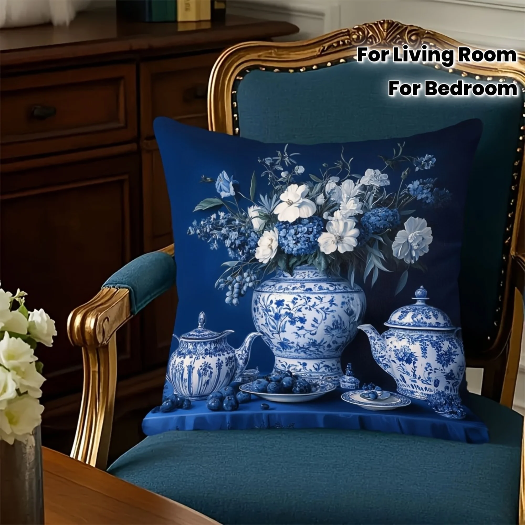 1pc 2D Flat Pillow Not Included Blue Porcelain Vase Flowers Still Life Cushion Cover Short Plush Vintage Living Room Decor Gift