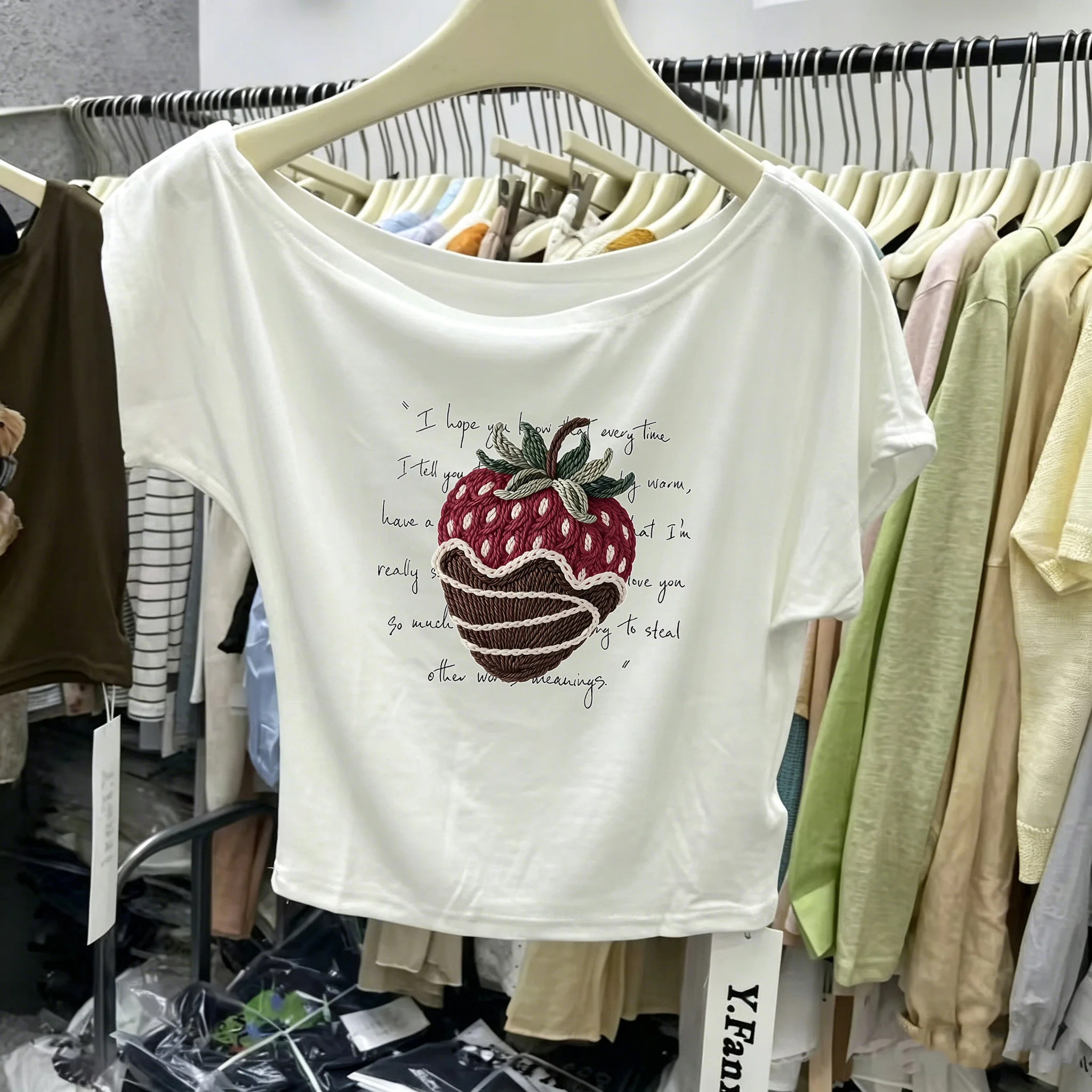 Fashionable Short Sleeve T-Shirt Women's Slim Fit Shoulder Print Cartoon Style Commute Korean Version Summer Top Slimming Effect