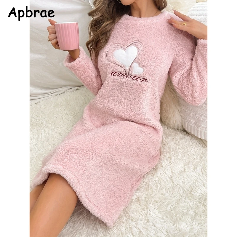 Heart Print Flannel Nightgown for Women Winter Women Long Sleeves Nightgowns Long Woman Sleepshirt Pullover Pajama Dress