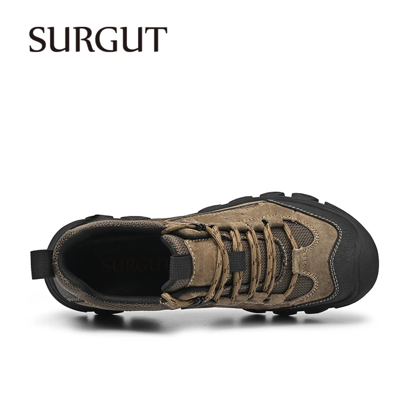 SURGUT All Seasons Men Casual Shoes Nubuck Cow Leather Slip-Resistant Toe Protection Mountain Trekking Size 38-44