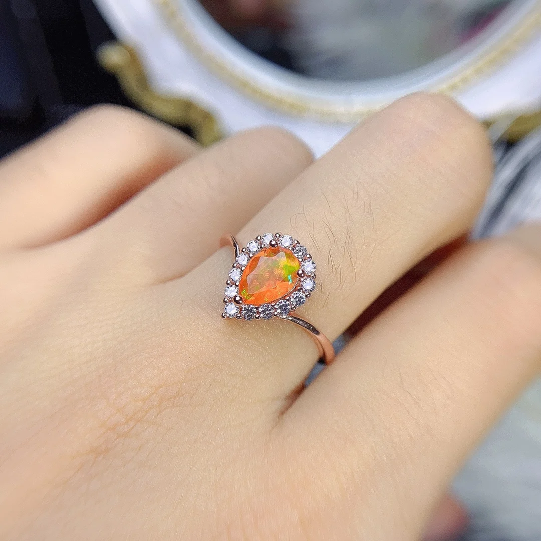 Natural Opal Halo Promise Ring Sterling Silver 925 Engagement October Birthstone Ring Pear 5x7mm Opal Halo Curved Ring - view 5