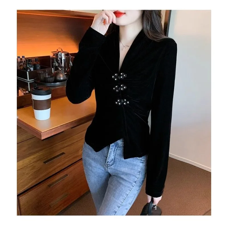 Bottoming Velvet Shirt for Women in Autumn Winter New Chinese Style Button V-neck Inner Top Shirt