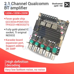 ZK-APTX1 Bluetooth Qualcomm Digital Amplifier Board 2.1 Channel 100Wx2+200W Subwoofer Chip QCC3034 TPA3221