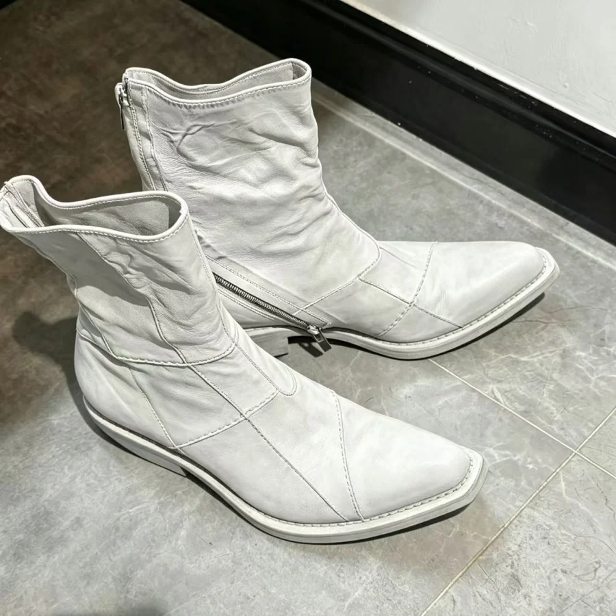 Vintage White Pointed Toe Hand Stitched Ankle Chelsea Boots for Gentleman Western Wizard Style Casual Leather Boots Unisex