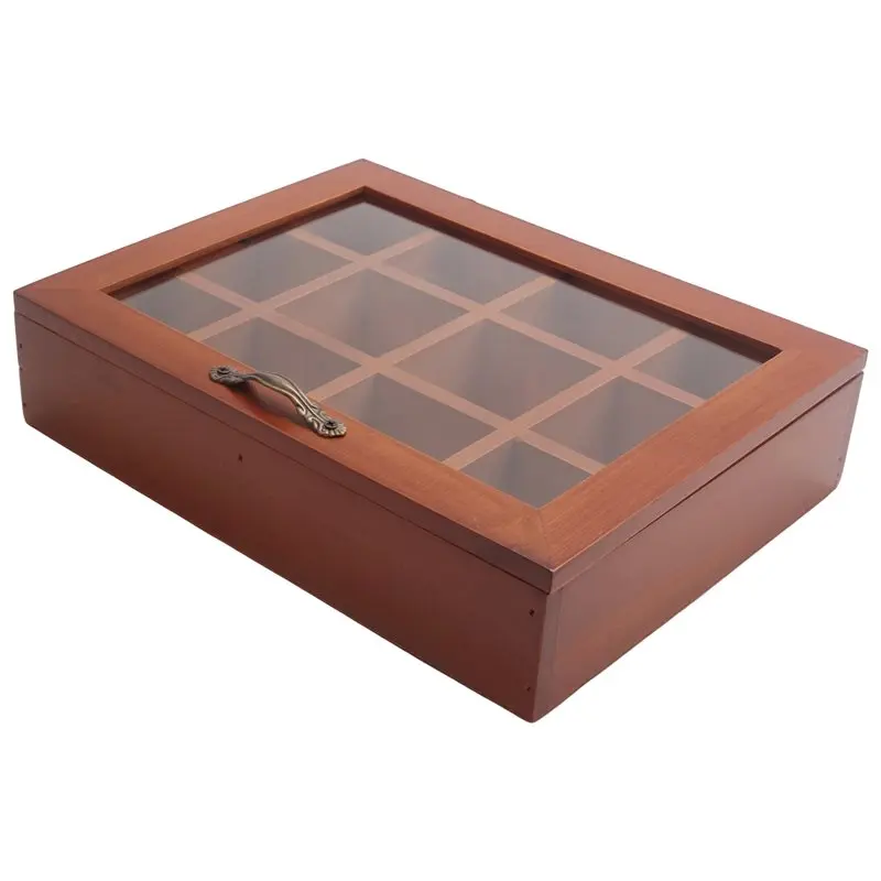 12 Grids Wooden Tea Bag Holder Sugar Packets Storage Case Instant Coffee Bag Boxes With Clear Lid Eco-Friendly
