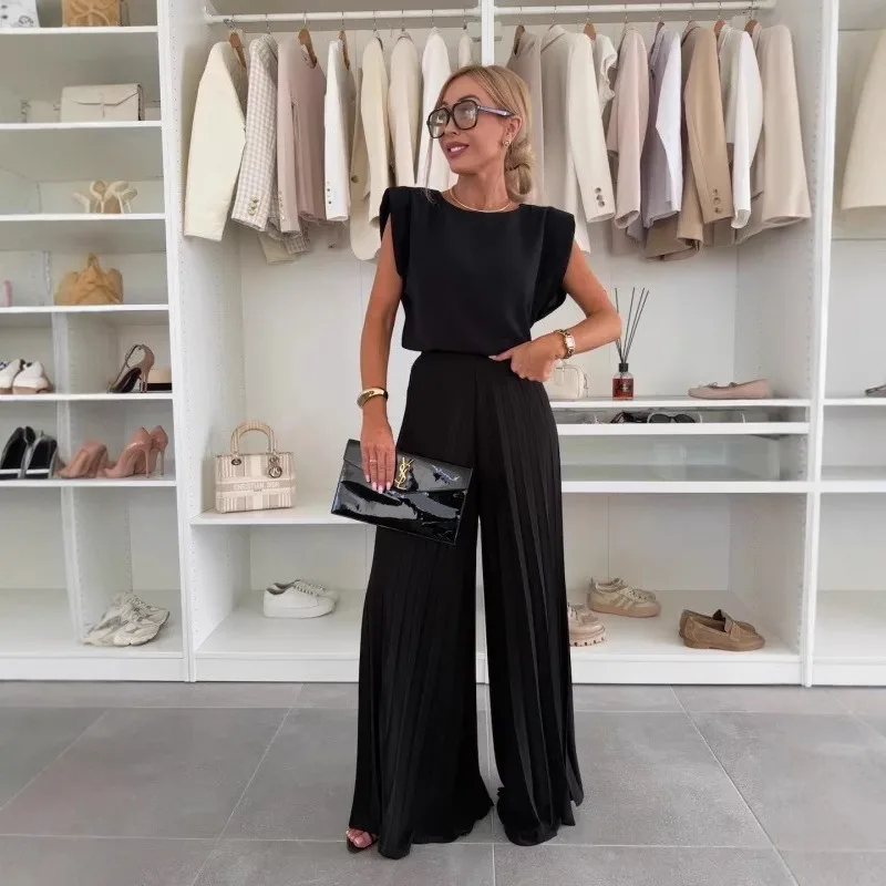 

2025 Summer New Design: Wrinkled and Suspended High Waist, Hundred Fold, Wide Leg Casual Pants, Pants Set for Women