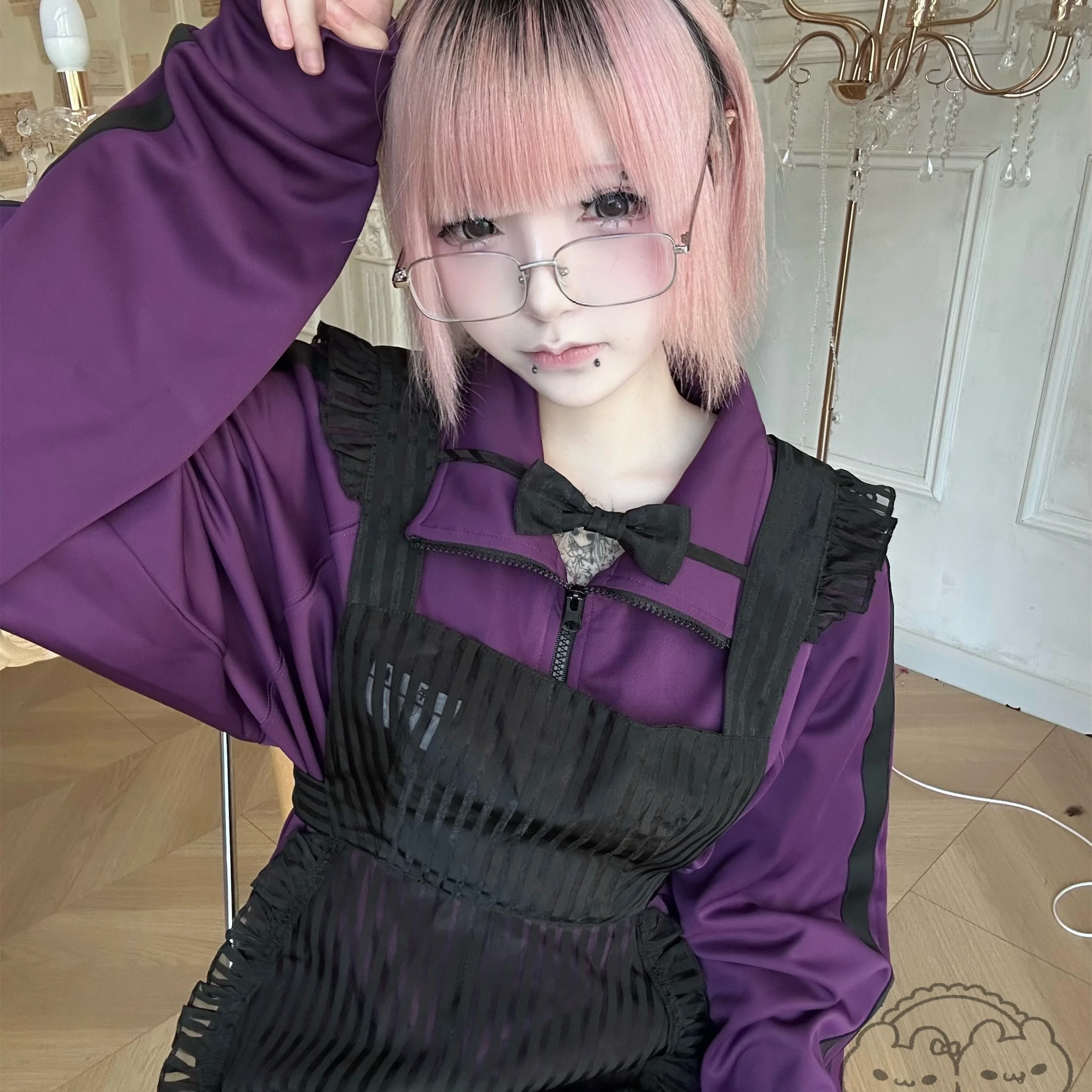 Spring Autumn Loose Mid Length Jacket Purple Black Japanese Cute Sports Style Shorts 2025 New Two Striped Decorative Jacket