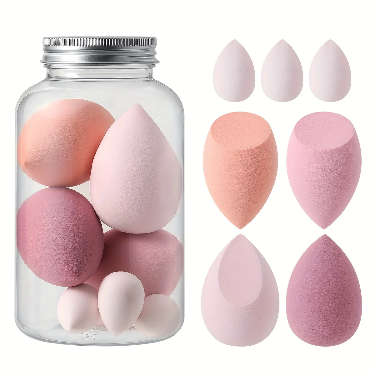 7pcs Pink Makeup Sponge Blender Set with Storage Jar - Hypoallergenic, Odorless, Water-Absorbent Polyurethane for All Skin Types