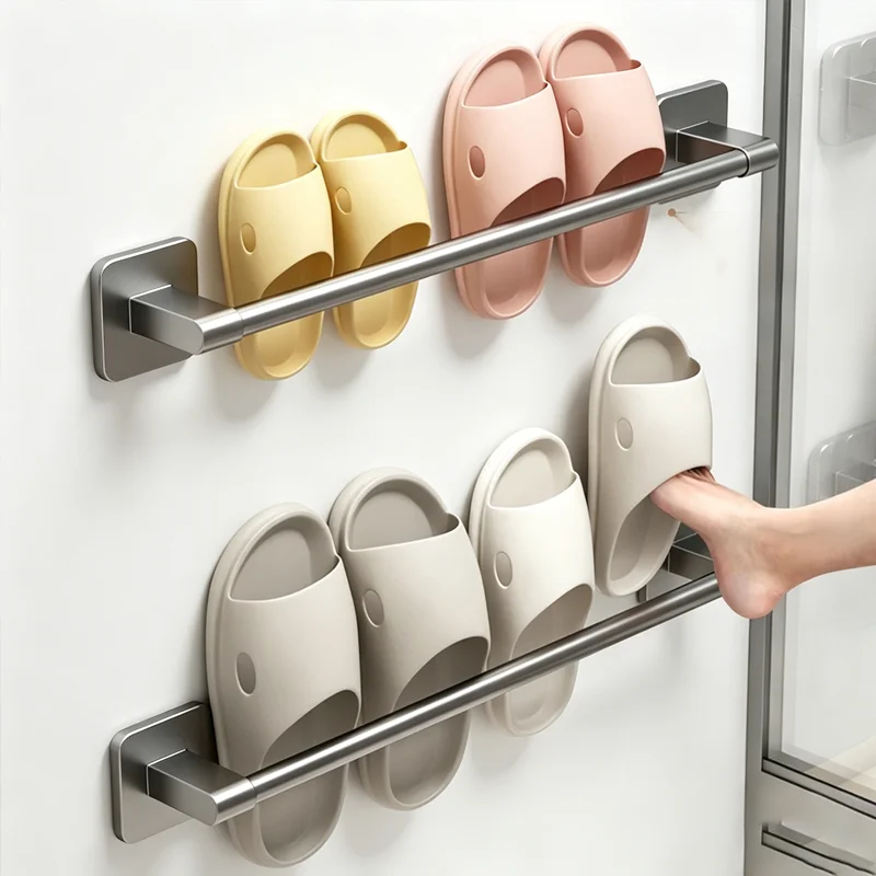 No Drilling Self Adhesive Towel Holder Bathroom Stainless Steel Towel Bar Black Wall Mount Rail Rustproof Space Saving