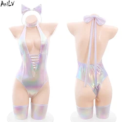 AniLV Women Sense of Technology Silver Laser Bodysuit Lingerie Temperament Uniform Cat Girl Shiny Pajamas outfit Costumes