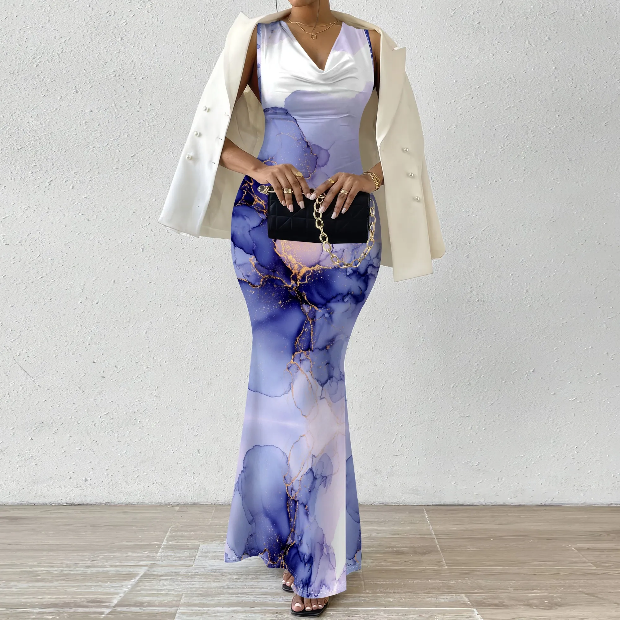 

Elegant Cowl Neck Marble Print Maxi Dress - XS-2XL Sleeveless Bodycon Dress for Evening Events & Cocktail Parties