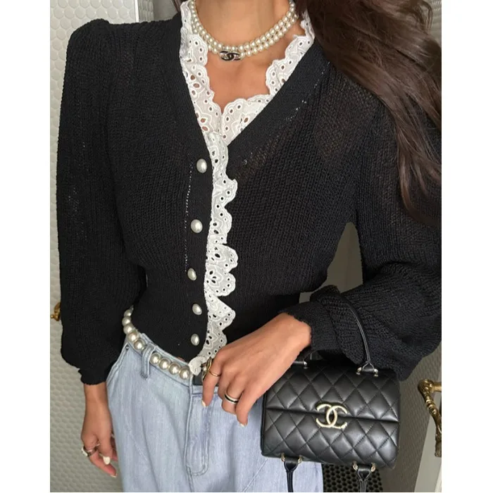 2026 New Korean Style Pearl Button Splice Lace Knitwear Loose Fit Cardigan Fashion Design High Sensation Women's Sweater