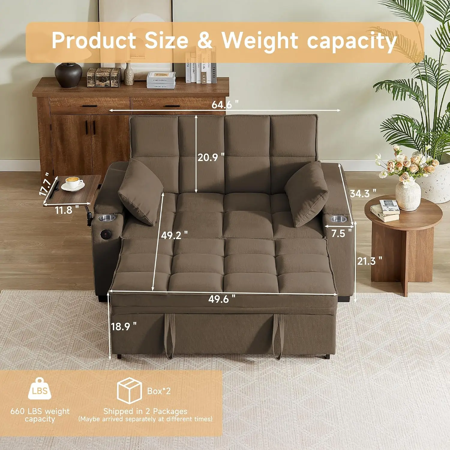65'' Chaise Lounge Chair Indoor, 3-in-1 Convertible Sofa Bed with Pull Out Design, 360° Swivel Side Table, Modern Chenille Couch