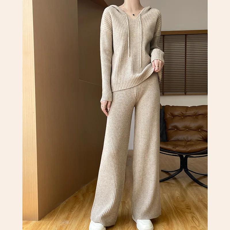 Autumn and Winter Women's Suit Pure Color All-Matching Wide-Leg Pants Hooded Knitted 100% Pure Wool Two-Piece Women's Clothing