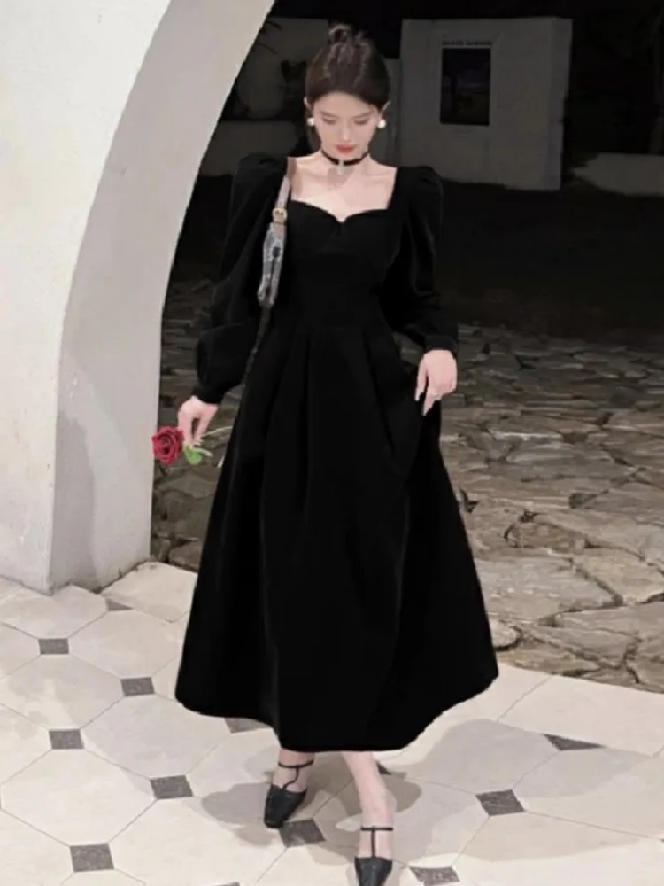 Topanoma Temperament Evening Dresses Women Vintage Square Collar Velvet Banquet Wedding Party Cocktail Birthday Elegant Ladies