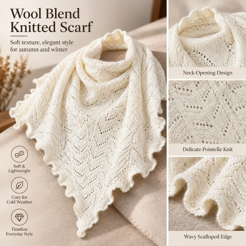 Elegant Solid Color Women Scarf Wool Blend Soft Knitted Shawl Knitted Fabric Wool Bandana Party Occasion