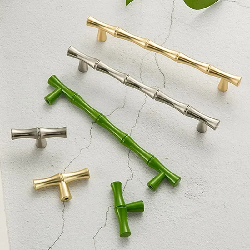 KK&FING Bamboo Design Zinc Alloy Cabinet Door Handles Drawer Knobs Brushed Copper Cupboard Door Pulls Furniture Handle Hardware
