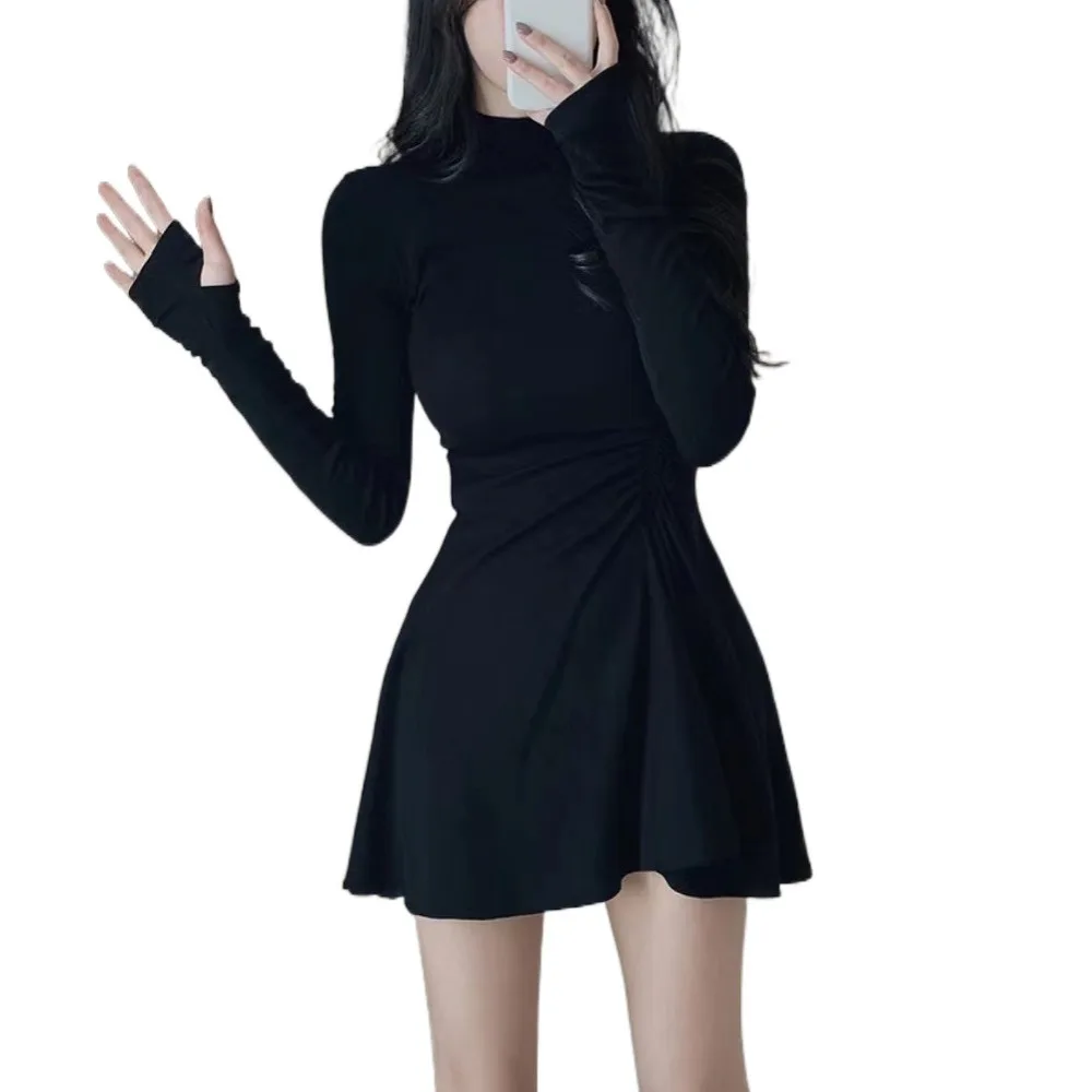 

Sweet Long Sleeved Christmas Red Dress A-line Pleated Girls Irregular Dress Half High Collar Short Skirt Slim Thin Dress Party