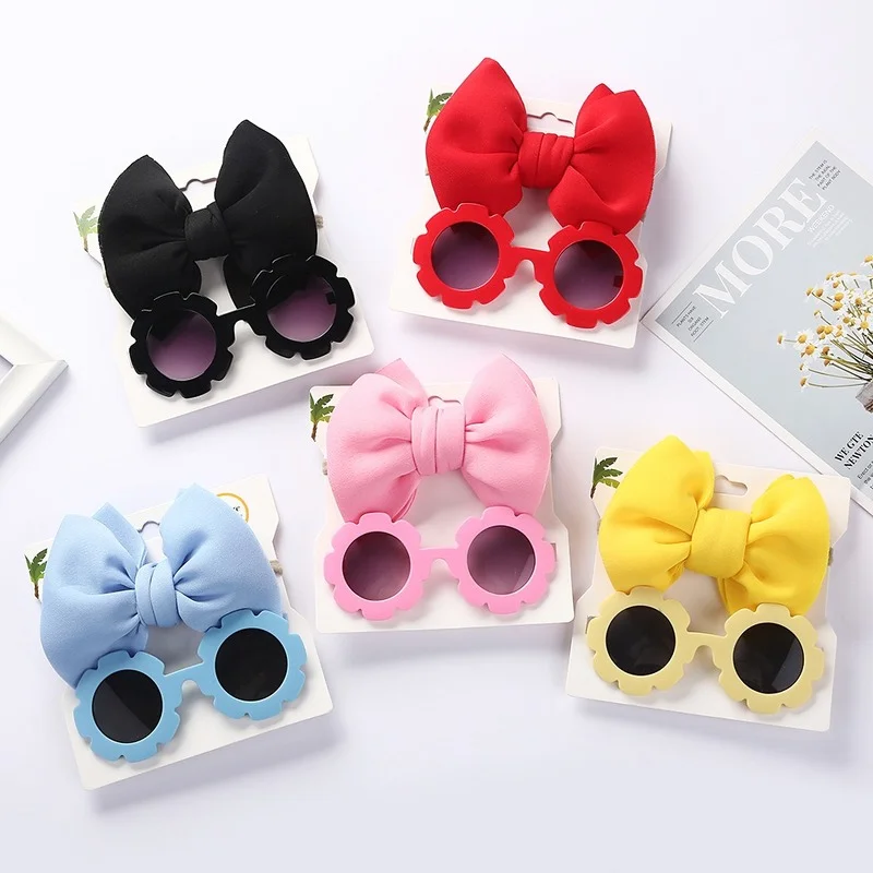 Baby Sunglasses with Hair Band Set Girls Kids Children Cute Cool Toy Shade Glasses Bows Headband for 0-3 Years Hair Accessories