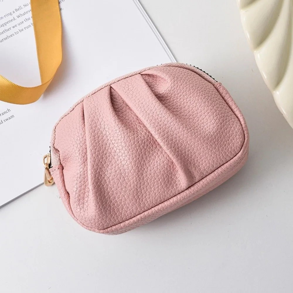 

Elegant Wrinkle Mini Wallet Double-layer Solid Color PU Leather Coin Purse Zipper Multifunctional Card Holder Lipstick Storage