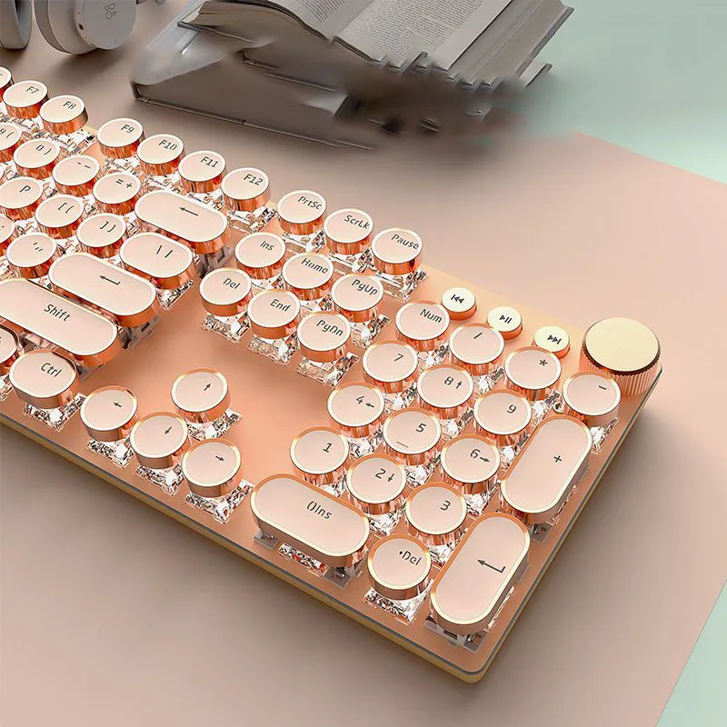 Teclado Mecânico Punk Vintage Feminino 104 Teclas Mouse de Computador Backilight Colorido com Fio tipo c Rosa Escritório Jogo