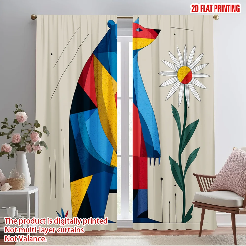 

2pcs 2D flat printing Curtains Geometric Bear Daisy Flower 100% Polyester Without Electricity Holiday Decorations Perfect for