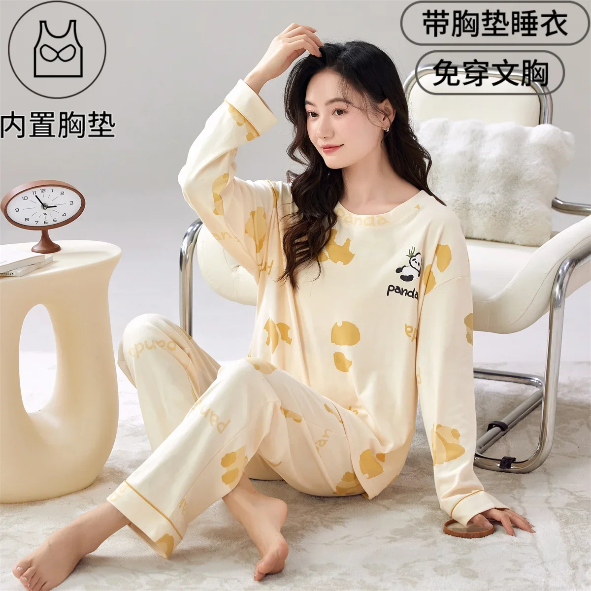 2Pcs/Set Cotton Women's Pajamas Set with Bra Pad Autumn Long Sleeves Nightwear Trouser Home Clothes Female Young Girl Sleepwear